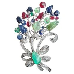 Emerald, Sapphire And Ruby With Diamond Brooch
