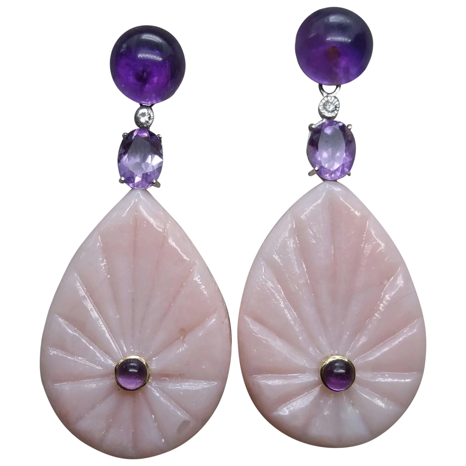 Amethyst White Gold Diamonds Engraved Pink Opal Flat Drops Earrings 3 Amethyst White Gold Diamonds Engraved Pink Opal Flat Drops Earrings
