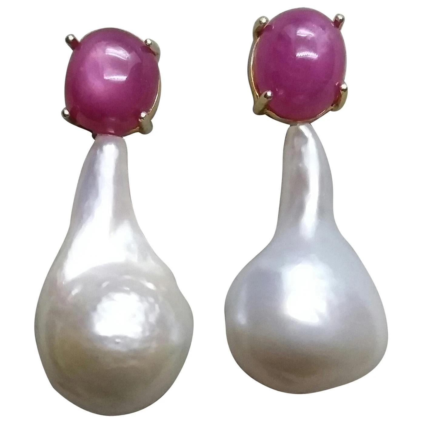 Big Size Pear Shape Baroque Pearls Oval Ruby Cabochon 14 Karat Gold Earrings 3 Big Size Pear Shape Baroque Pearls Oval Ruby Cabochon 14 Karat Gold Earrings
