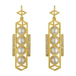 18 Karat Gold And Pearl Geometric Earrings With Diamonds