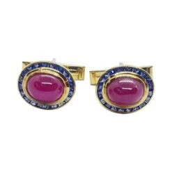 Unknown Cabochon Ruby With Blue Sapphire Cufflinks Set In 18 Karat Gold Settings