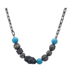 Spinel & Turquoise Beaded Ball Chain Necklace With Pave Diamonds Made In Silver