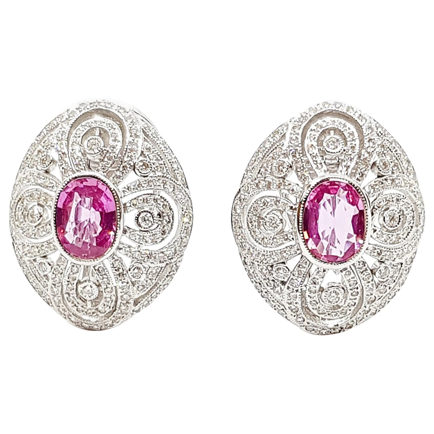 Unknown Pink Sapphire With Diamond Earrings Set In 18 Karat White Gold Settings 3 Unknown Pink Sapphire With Diamond Earrings Set In 18 Karat White Gold Settings