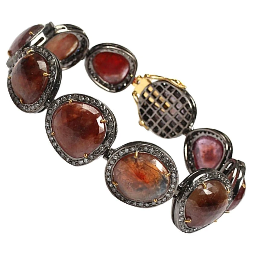 Multi Shaped Sapphire Bracelet With Diamonds Made In 18k Yellow Gold & Silver 3 Multi Shaped Sapphire Bracelet With Diamonds Made In 18k Yellow Gold & Silver