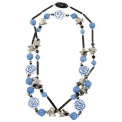 Angela Caputi Long Necklace Lavender Blue Roses And Silver Resin Leaves