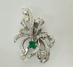 Unknown Art Deco Natural Colombian Emerald Diamond Pin In 14k White Gold