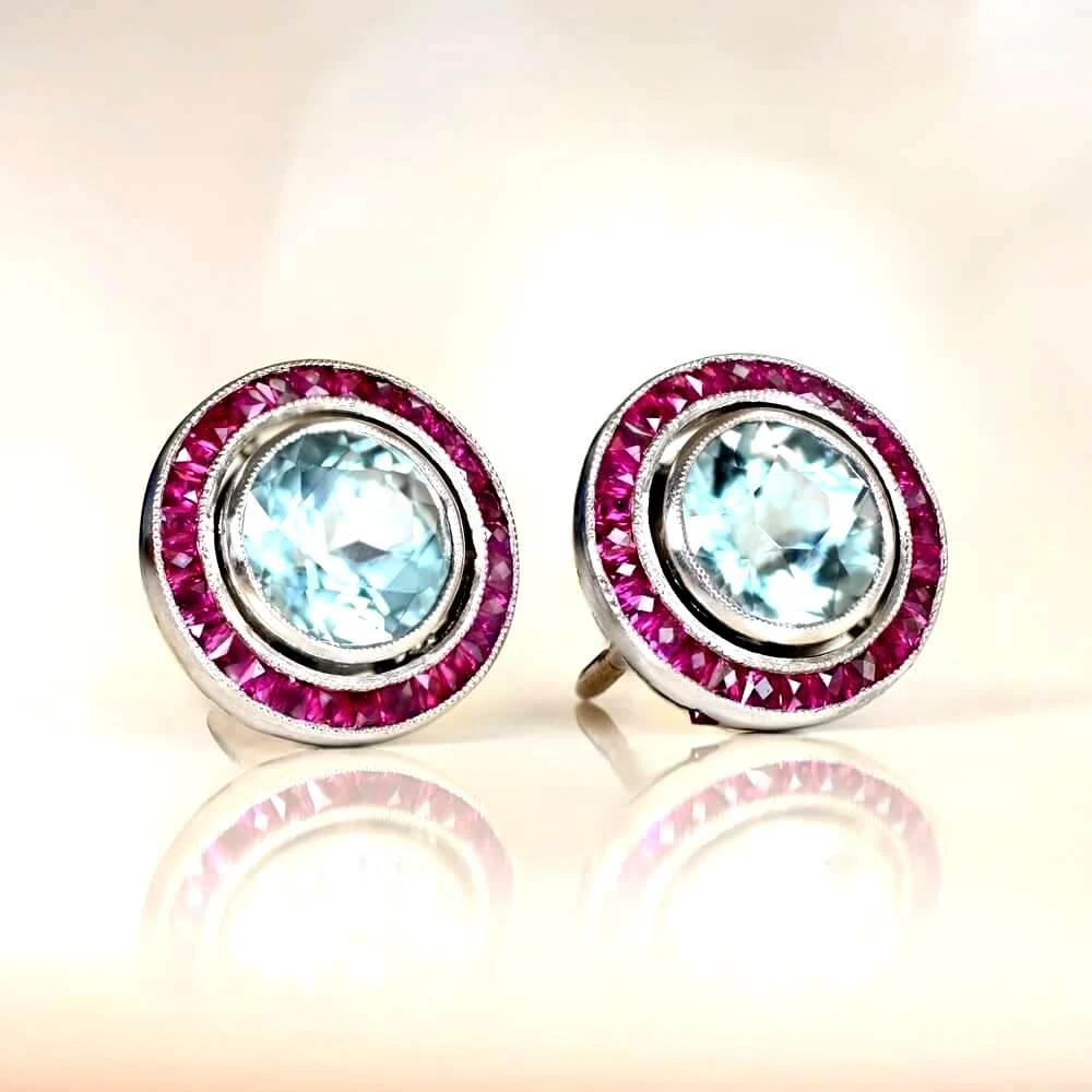 Unknown 2.30 Carat Aquamarine Earrings, Ruby Halo, Platinum 5 Unknown 2.30 Carat Aquamarine Earrings, Ruby Halo, Platinum – Image 3