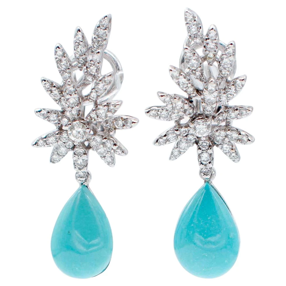 Unknown Turquoise, Diamonds, 18 Karat White Gold Dangle Earrings 3 Unknown Turquoise, Diamonds, 18 Karat White Gold Dangle Earrings