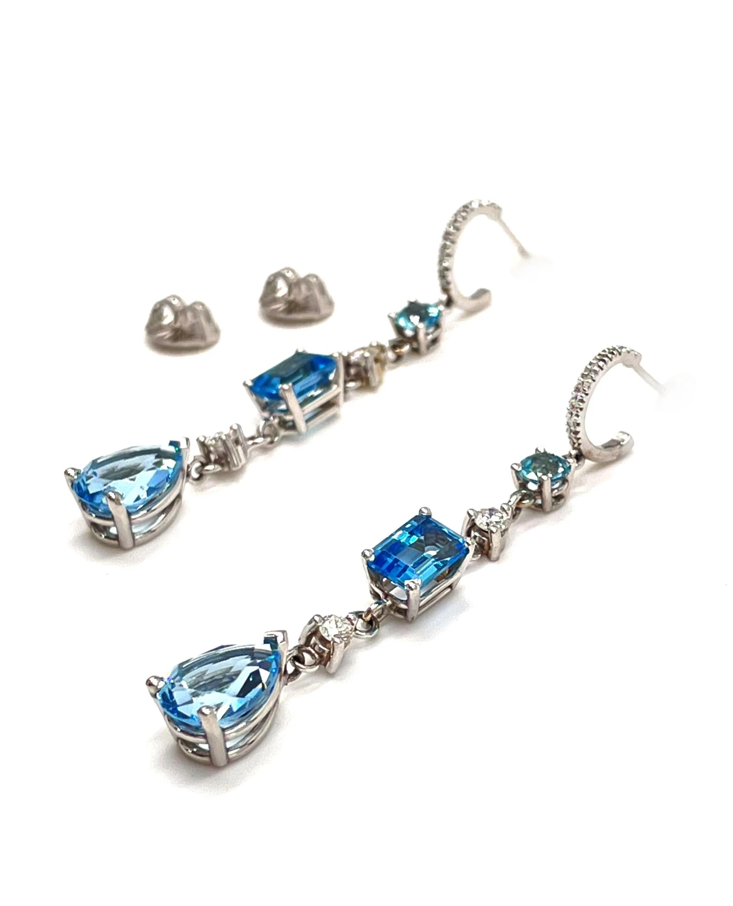 Unknown 14K White Gold Diamond And Blue Topaz Long Earrings 4 Unknown 14K White Gold Diamond And Blue Topaz Long Earrings – Image 2