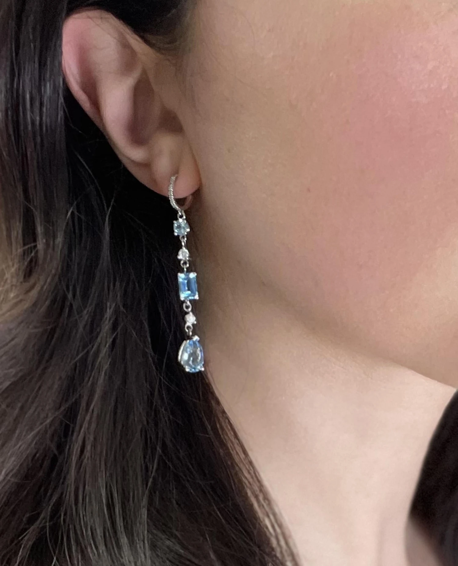 Unknown 14K White Gold Diamond And Blue Topaz Long Earrings 6 Unknown 14K White Gold Diamond And Blue Topaz Long Earrings – Image 4