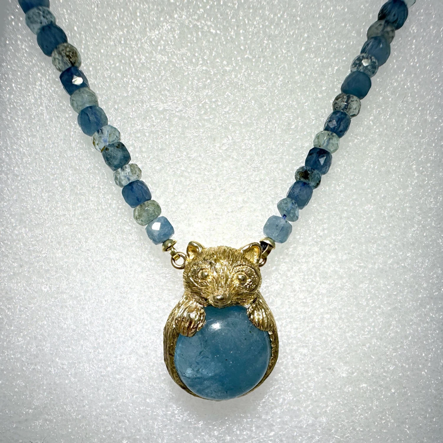 "Aqua Raccoon" Beaded 18" Aquamarine Necklace With 14 Karat Gold Bear Pendant 7 "Aqua Raccoon" Beaded 18" Aquamarine Necklace With 14 Karat Gold Bear Pendant – Image 5