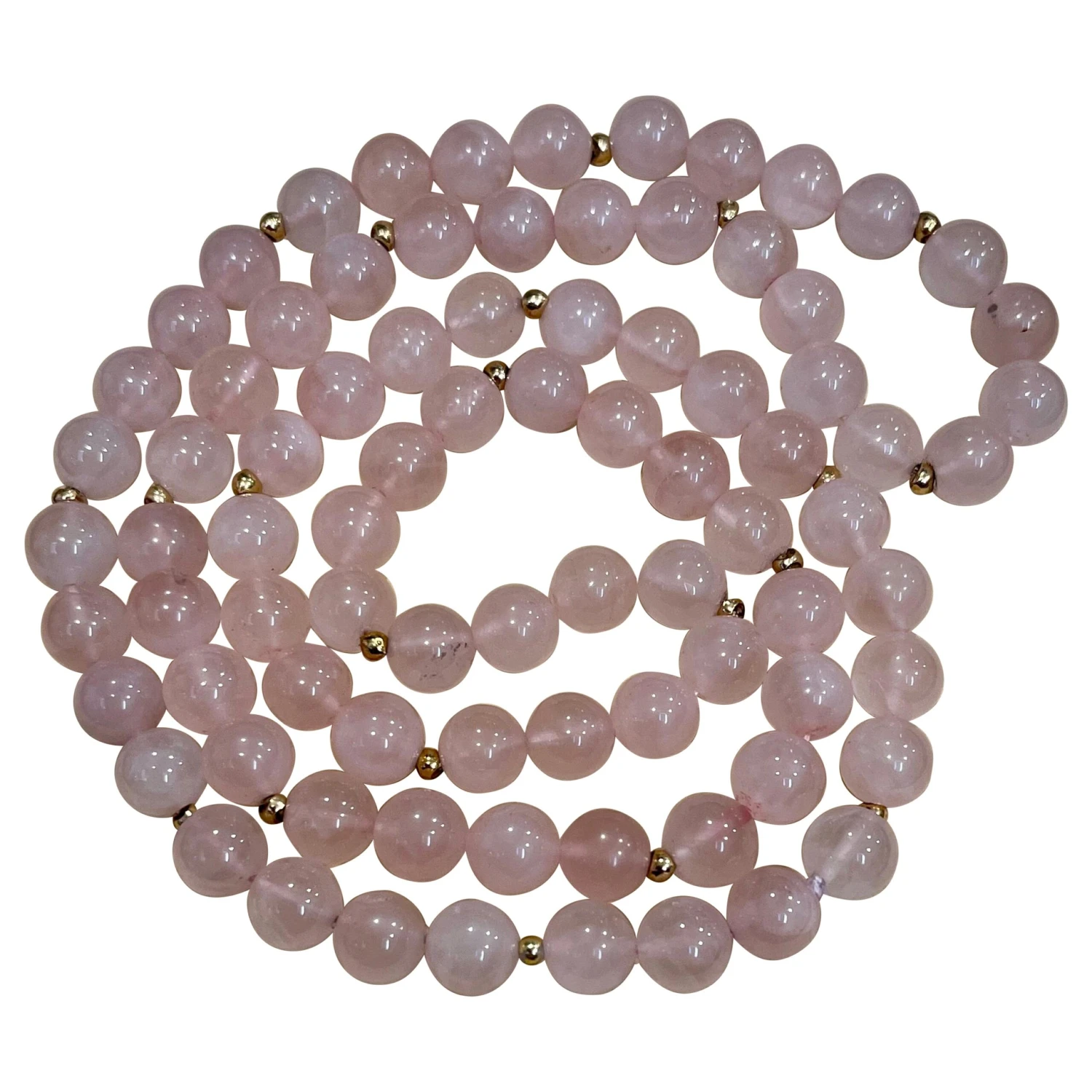 Unknown Grade A+ Rose Quartz Crystal Bead Necklace 8.5 Mm, With 14 K Gold Beads, Genuine 3 Unknown Grade A+ Rose Quartz Crystal Bead Necklace 8.5 Mm, With 14 K Gold Beads, Genuine