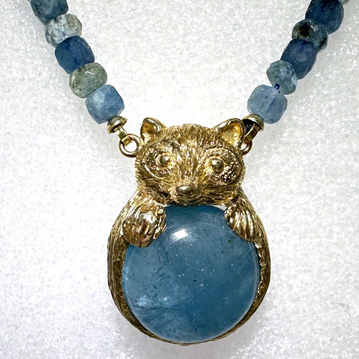 "Aqua Raccoon" Beaded 18" Aquamarine Necklace With 14 Karat Gold Bear Pendant 8 "Aqua Raccoon" Beaded 18" Aquamarine Necklace With 14 Karat Gold Bear Pendant – Image 6