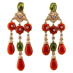 Mediterranean Red Coral White Diamond Green Tourmaline Yellow Gold Drop Earrings