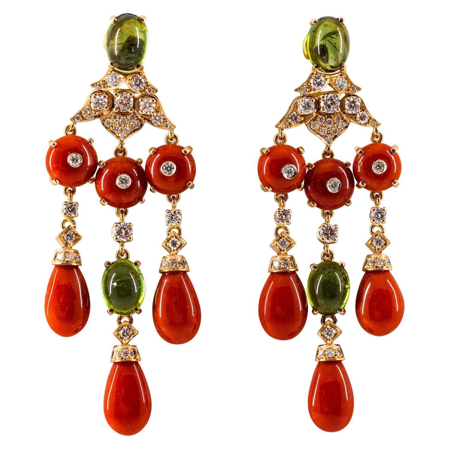 Mediterranean Red Coral White Diamond Green Tourmaline Yellow Gold Drop Earrings 3 Mediterranean Red Coral White Diamond Green Tourmaline Yellow Gold Drop Earrings