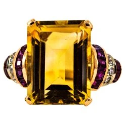 Art Deco Style 12.42 Carat White Diamond Ruby Citrine Yellow Gold Cocktail Ring