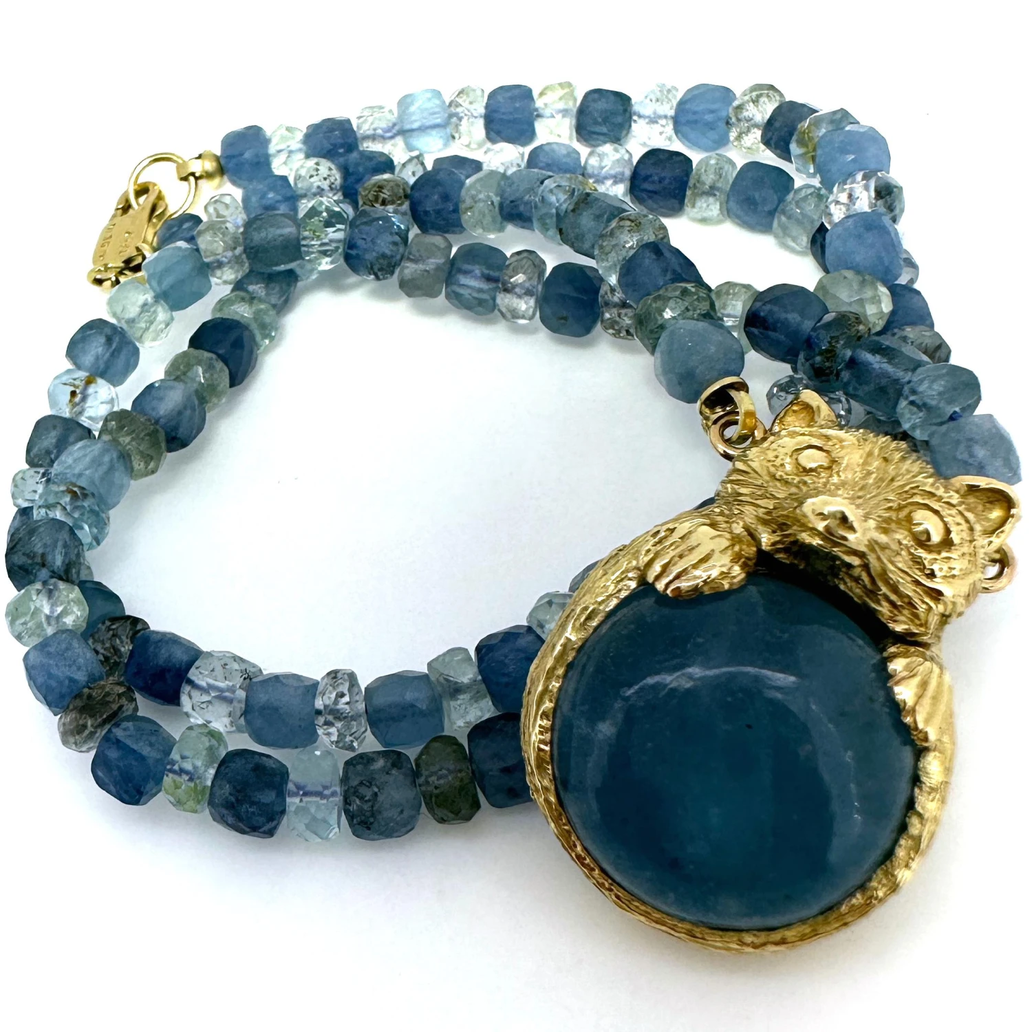 "Aqua Raccoon" Beaded 18" Aquamarine Necklace With 14 Karat Gold Bear Pendant 4 "Aqua Raccoon" Beaded 18" Aquamarine Necklace With 14 Karat Gold Bear Pendant – Image 2