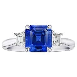 3.18 Carat Emerald Cut Blue Sapphire And Diamond Ring