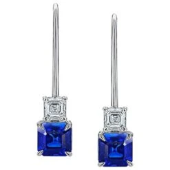 2.00 Carat Blue Asscher Cut Sapphire And Diamond Platinum Earrings