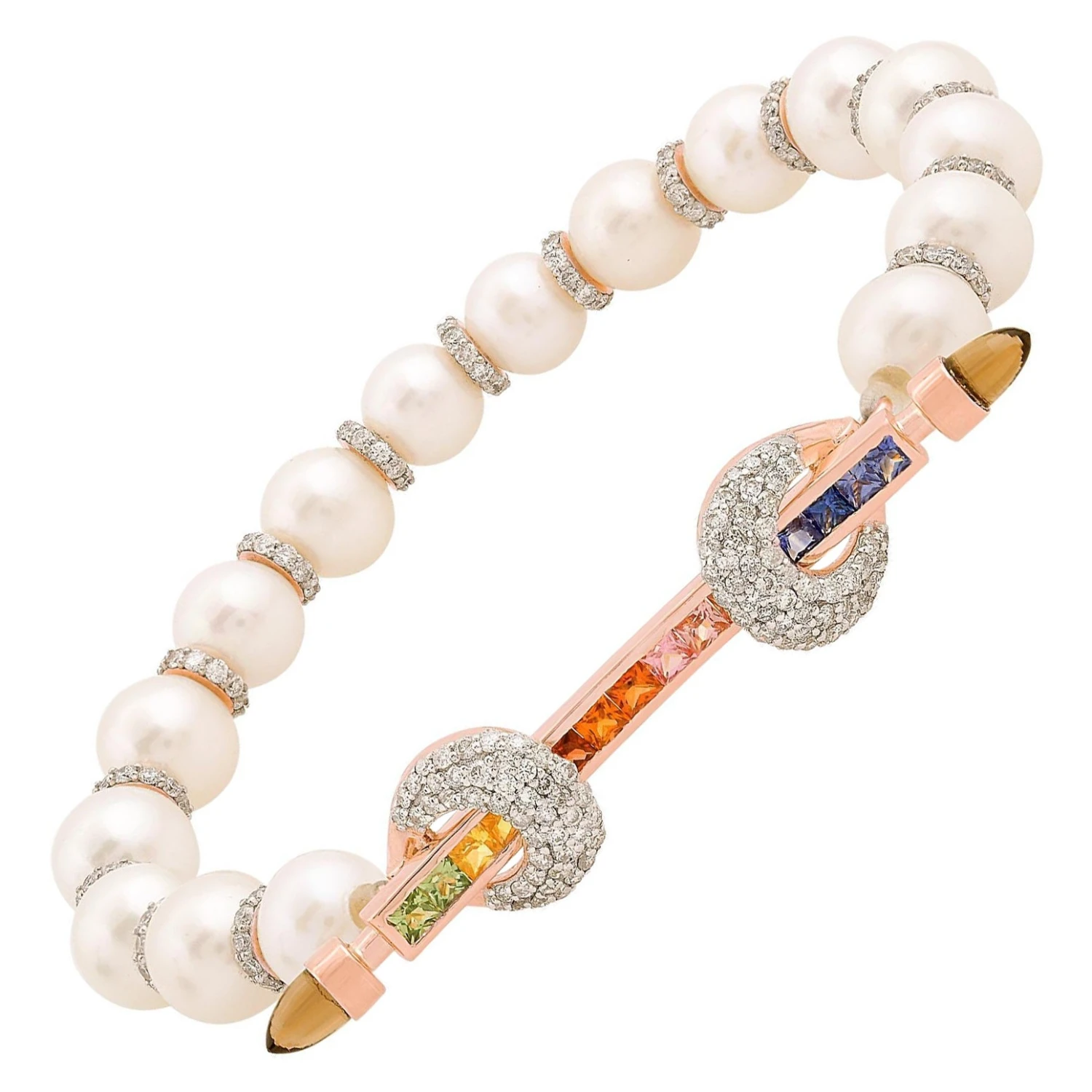 Multi Sapphire Gemstone Bracelet Pearl 14k Rose Gold Diamond Pave Fine Jewelry 3 Multi Sapphire Gemstone Bracelet Pearl 14k Rose Gold Diamond Pave Fine Jewelry