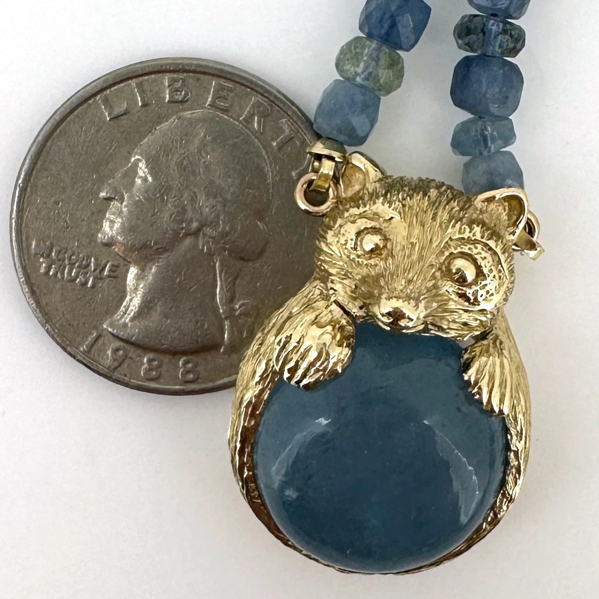 "Aqua Raccoon" Beaded 18" Aquamarine Necklace With 14 Karat Gold Bear Pendant 12 "Aqua Raccoon" Beaded 18" Aquamarine Necklace With 14 Karat Gold Bear Pendant – Image 10