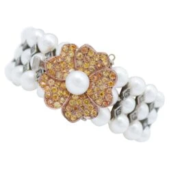 Unknown Pearls, Yellow Sapphires, Diamonds, Rose Gold And Silver Bracelet