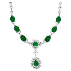 Unknown GIA Certified 56 Ct Zambian Emerald & 38 Ct Diamond Fringe Necklace 18KWG Bridal