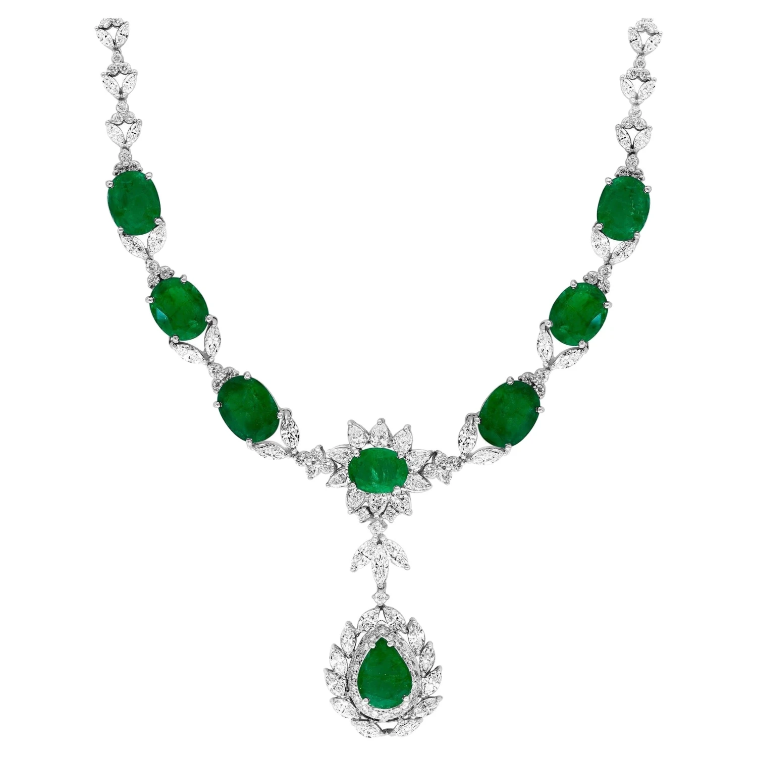 Unknown GIA Certified 56 Ct Zambian Emerald & 38 Ct Diamond Fringe Necklace 18KWG Bridal 3 Unknown GIA Certified 56 Ct Zambian Emerald & 38 Ct Diamond Fringe Necklace 18KWG Bridal