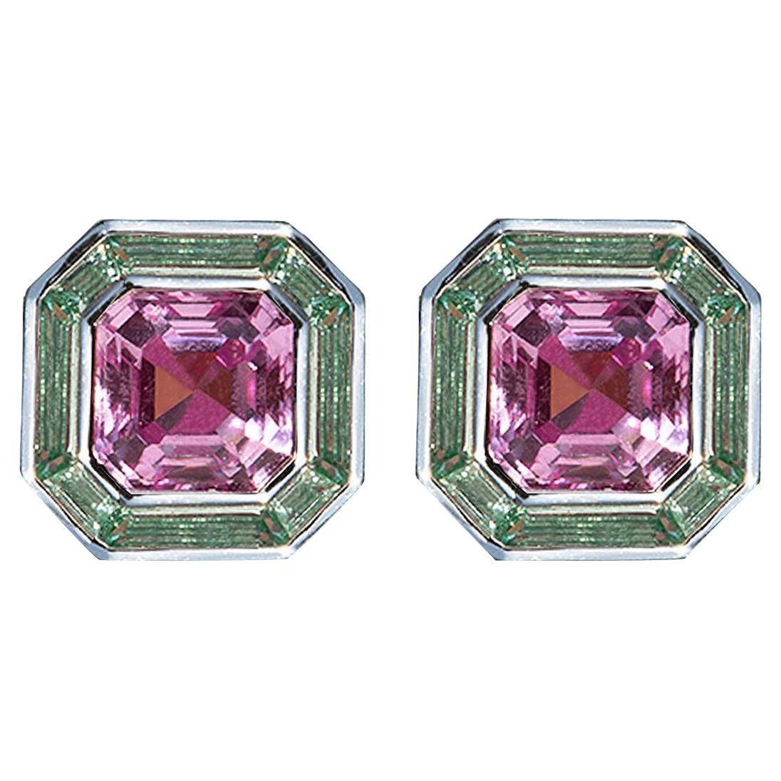 Luminous Asscher Stud Earrings, Pink & Green Sapphire, Silver, 5.40ct 3 Luminous Asscher Stud Earrings, Pink & Green Sapphire, Silver, 5.40ct