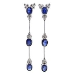 Fine Blue Oval Sapphires Earrings In 14k White Gold