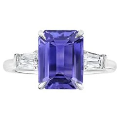 4.14 Carat Emerald Cut Purple Sapphireand Diamond Platinum Ring