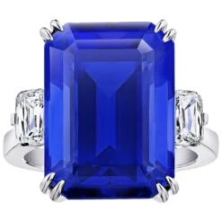 19.97 Carat Emerald Cut Blue Tanzanite And Diamond Ring