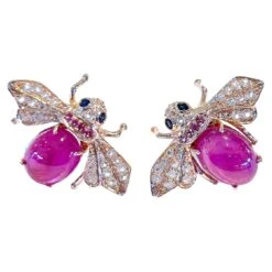 “Orient” Ruby Earrings With White Topaz & Blue Sapphire Set In 22k Gold