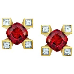 1.12 Carat Cushion Red Ruby And Diamond 18k Yellow Gold Earrings