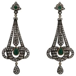 Unknown Victorian Revival Diamond And Emerald Chandelier Earrings