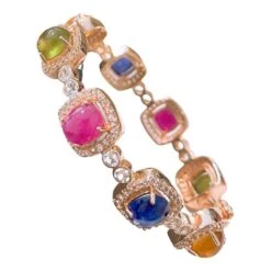 Bochic Capri” Multi Natural Gem Bangle Set In 22k Gold & Silver