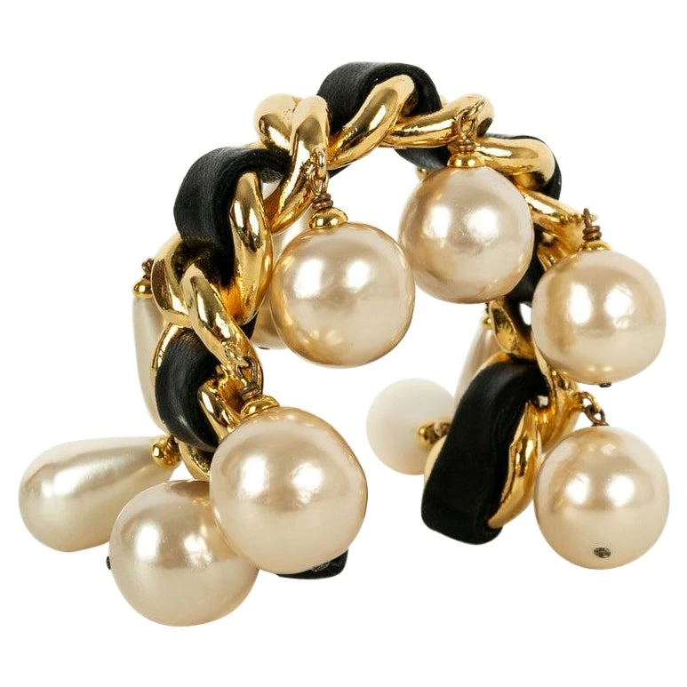 Chanel Gold Metal And Black Leather Bracelet, 1990's 3 Chanel Gold Metal And Black Leather Bracelet, 1990's