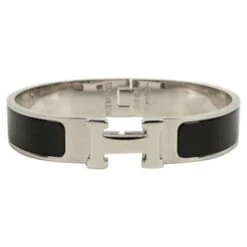 Hermès Clic Clac H Silver Plated Metal And Black Enamel Bracelet