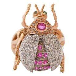 Unknown Rubies, Tsavorite, Diamonds, Rose Gold And Silver Beetle Ring