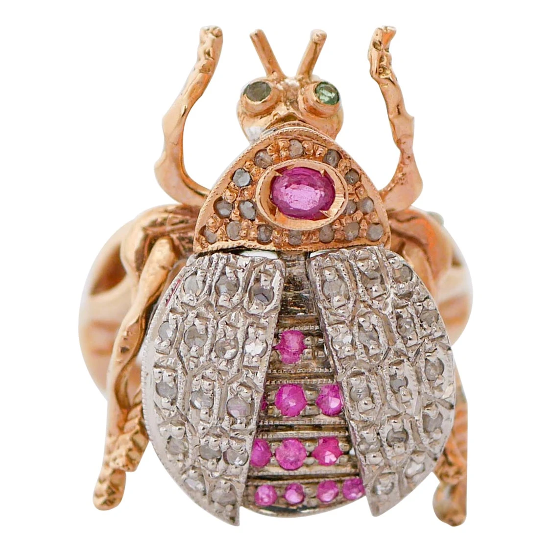 Unknown Rubies, Tsavorite, Diamonds, Rose Gold And Silver Beetle Ring 3 Unknown Rubies, Tsavorite, Diamonds, Rose Gold And Silver Beetle Ring
