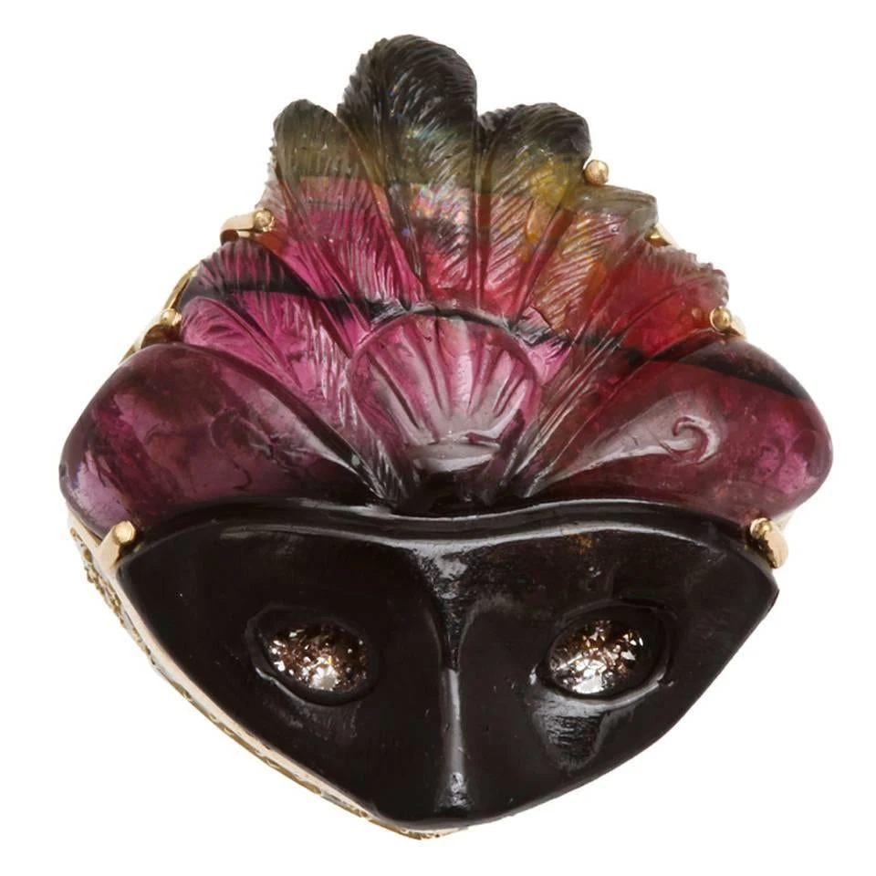 Michael Kanners Watermelon Tourmaline Diamond Gold Mask Ring 3 Michael Kanners Watermelon Tourmaline Diamond Gold Mask Ring