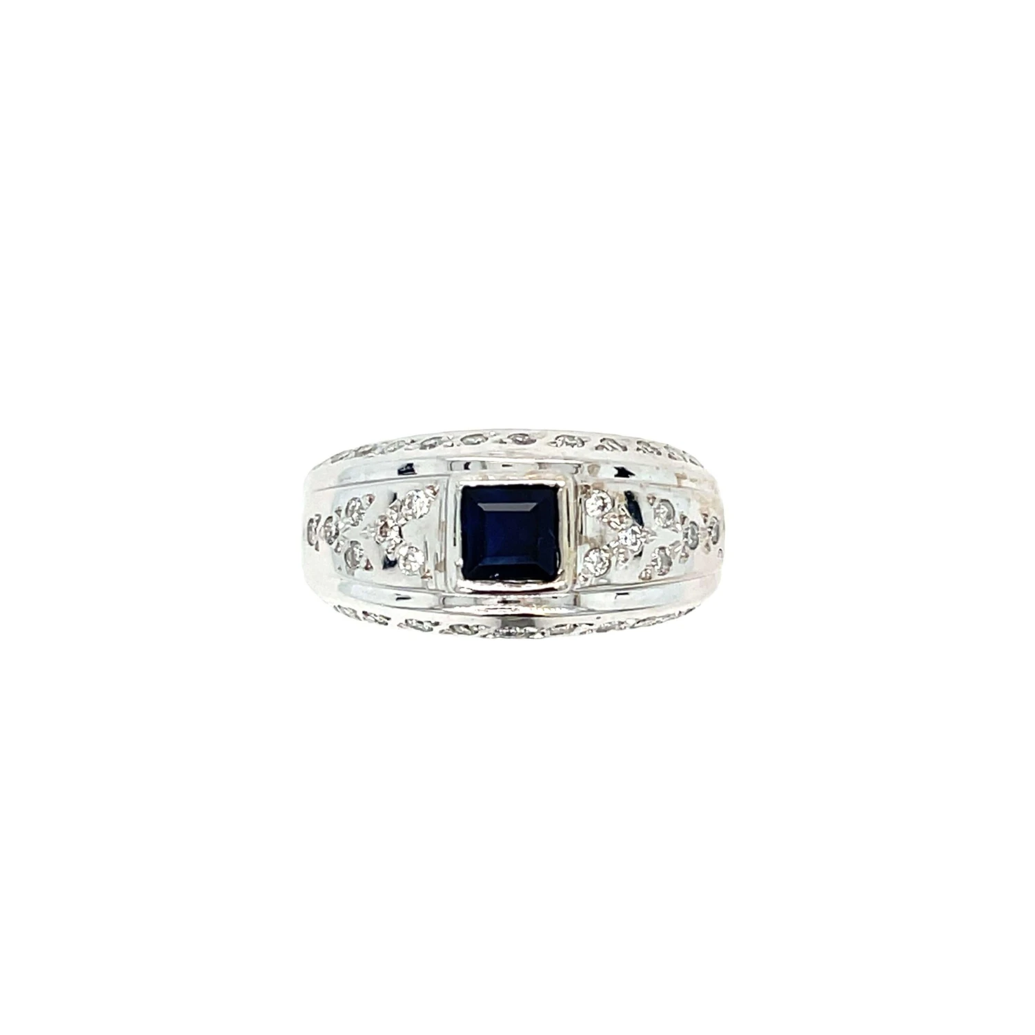Unknown 14k White Gold Square Sapphire Scattered Diamond Ring 4 Unknown 14k White Gold Square Sapphire Scattered Diamond Ring – Image 2