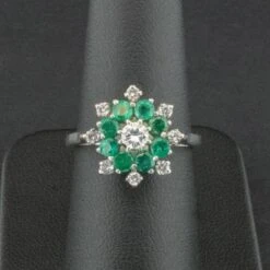 Unknown 18 Carat White Gold Emerald & Diamond Cluster Ring Size Uk O 4.0g
