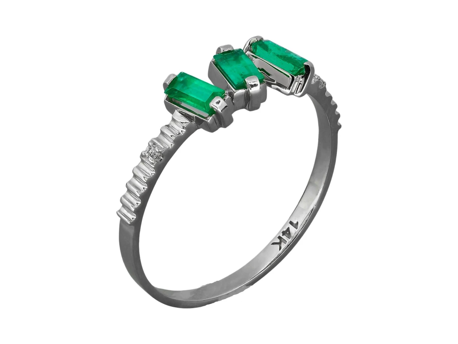 Baguette Emeralds And Diamonds 14k Gold Ring. 3 Gemstone Ring. 14 Baguette Emeralds And Diamonds 14k Gold Ring. 3 Gemstone Ring. – Image 12