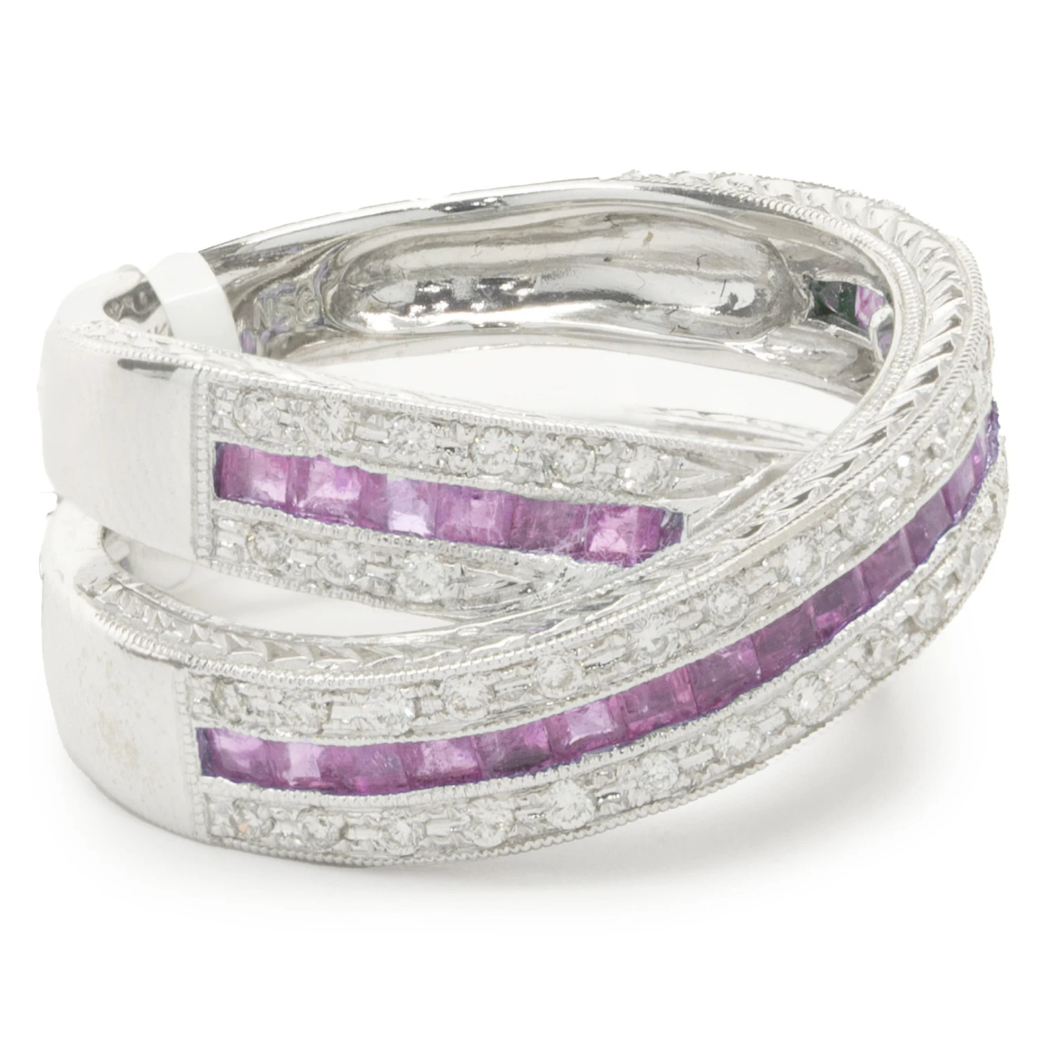 Unknown 14 Karat White Gold Diamond And Ruby Crossover Ring 4 Unknown 14 Karat White Gold Diamond And Ruby Crossover Ring – Image 2