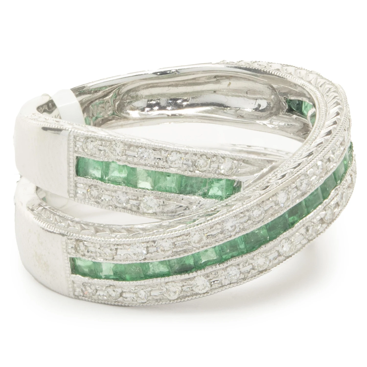 Unknown 14 Karat White Gold Diamond And Emerald Crossover Ring 4 Unknown 14 Karat White Gold Diamond And Emerald Crossover Ring – Image 2