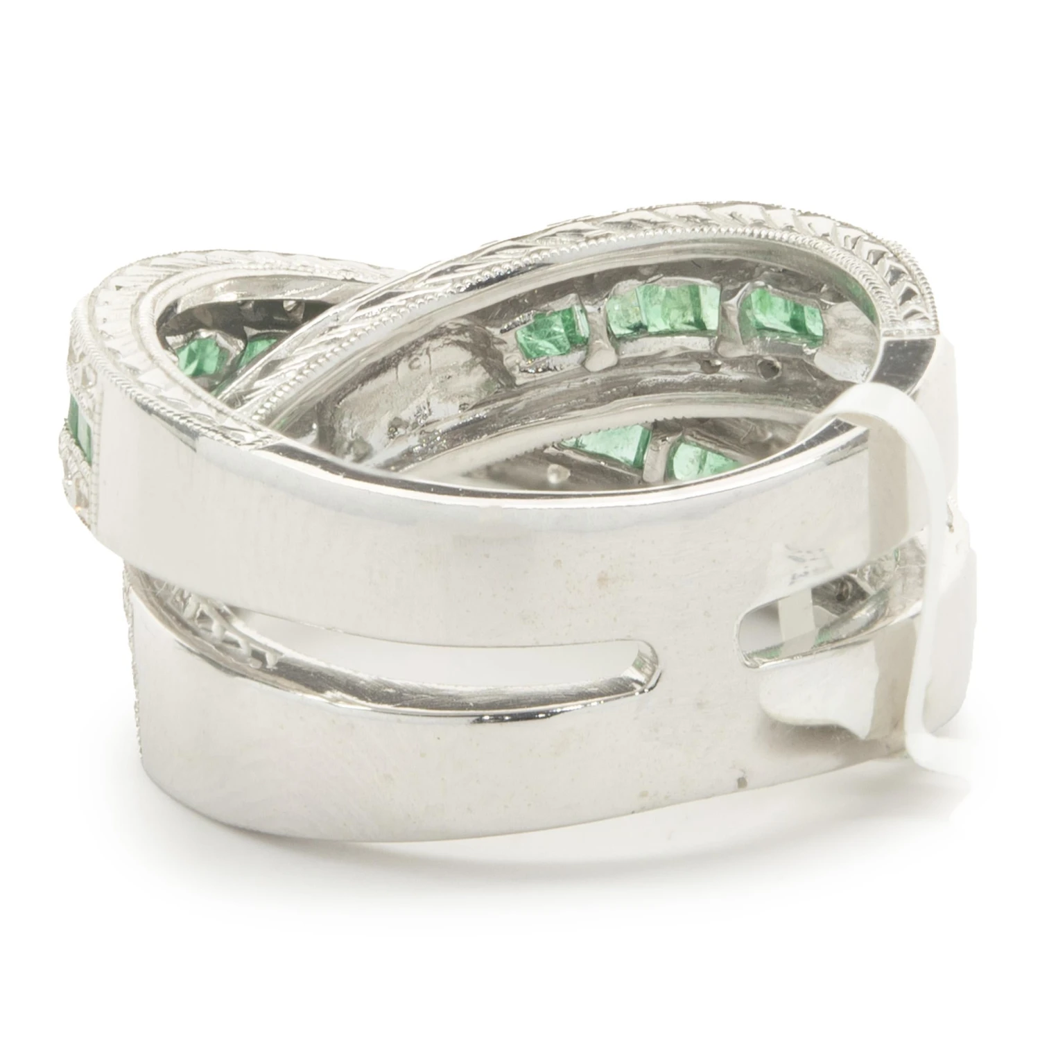 Unknown 14 Karat White Gold Diamond And Emerald Crossover Ring 6 Unknown 14 Karat White Gold Diamond And Emerald Crossover Ring – Image 4
