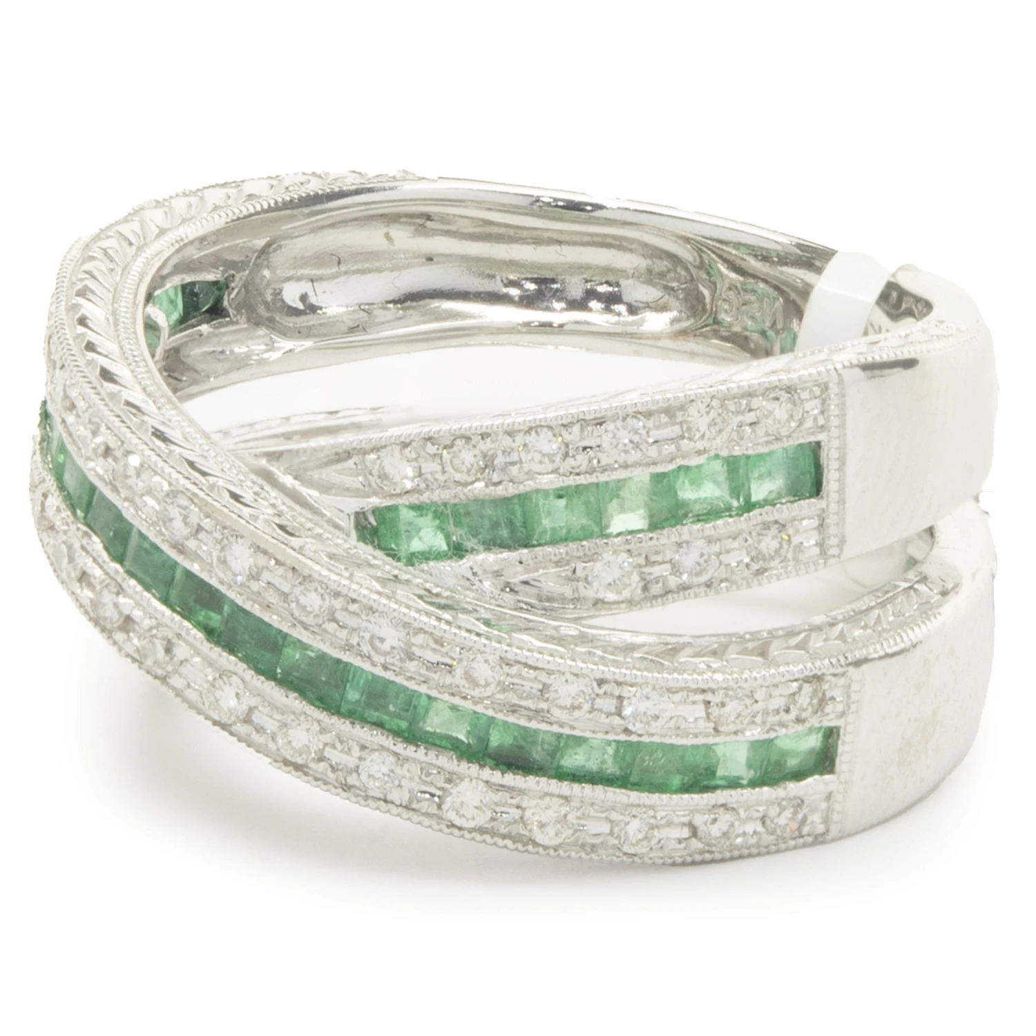 Unknown 14 Karat White Gold Diamond And Emerald Crossover Ring 5 Unknown 14 Karat White Gold Diamond And Emerald Crossover Ring – Image 3
