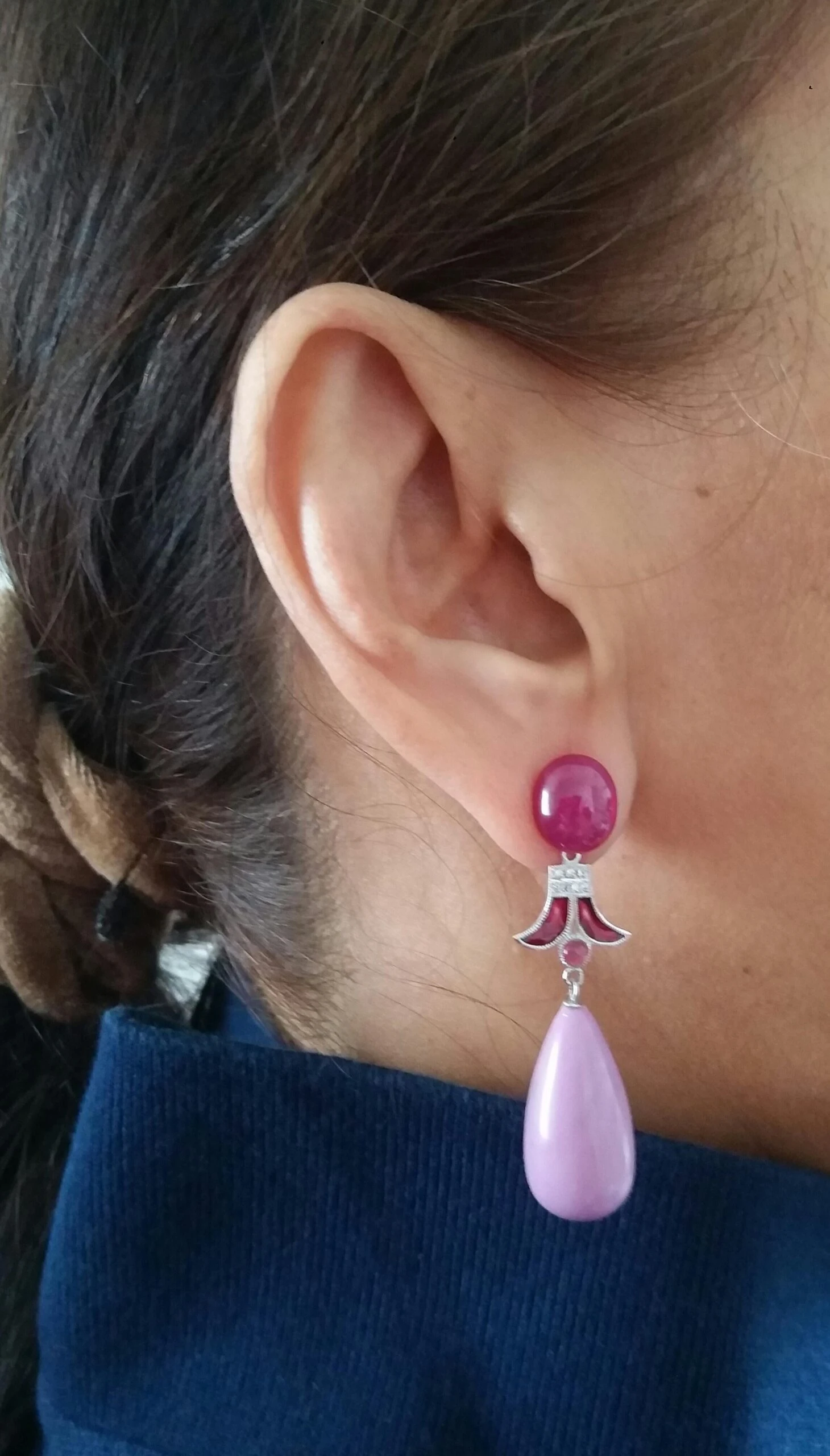 Art Deco Style Ruby Phosphosiderite 14K Gold Diamonds Red Enamel Dangle Earrings 4 Art Deco Style Ruby Phosphosiderite 14K Gold Diamonds Red Enamel Dangle Earrings – Image 2