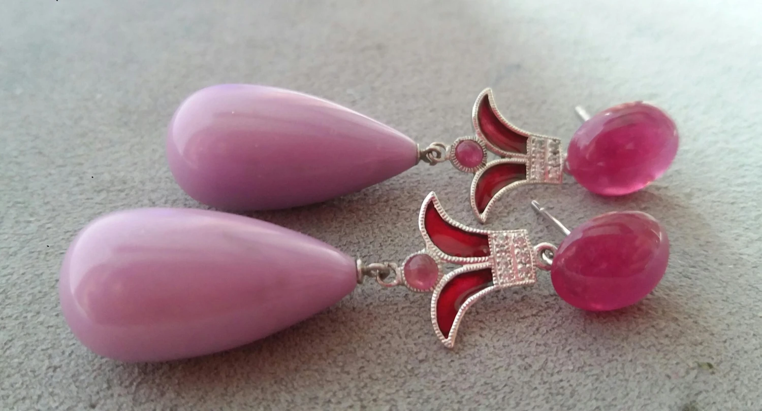 Art Deco Style Ruby Phosphosiderite 14K Gold Diamonds Red Enamel Dangle Earrings 7 Art Deco Style Ruby Phosphosiderite 14K Gold Diamonds Red Enamel Dangle Earrings – Image 5